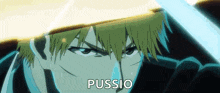 a close up of a person 's face with a sword and the word pussio written on the bottom .