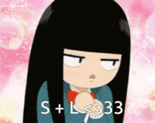 a cartoon girl with long black hair and the words s + l < 333 below her