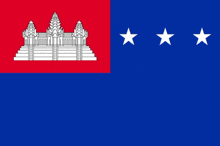 a red and blue flag with three white stars on the bottom