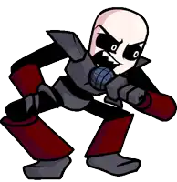 a cartoon character is holding a microphone and making a face while standing on a white background .