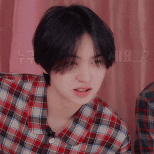 a close up of a person wearing a plaid shirt with a microphone