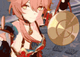 a girl with pink hair is holding a gong in her hand