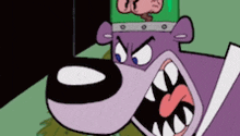 a close up of a cartoon character with sharp teeth and a green hat .