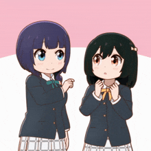 two anime girls are standing next to each other and one has blue eyes