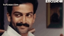 a man with a mustache is smiling and looking at the camera in a room .