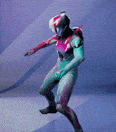 a person in a futuristic suit is dancing on a purple and blue background .