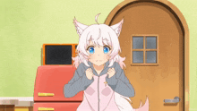 a girl with white hair and blue eyes is standing in front of a red refrigerator