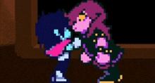a pixel art of a person standing next to each other in a room .