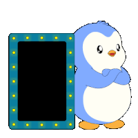 a penguin is standing next to a sign that says the number four