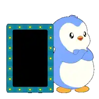 a penguin is standing next to a sign that says the number four