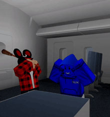 a blue roblox character with the word flix on his hoodie