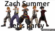 a group of video game characters are standing next to each other with the words zach summer let 's party written above them