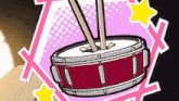 a cartoon drawing of a drum with a pair of drumsticks sticking out of it