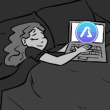 a black and white drawing of a woman laying in bed using a laptop computer