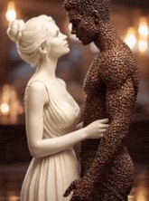 a man and a woman are standing next to each other and the man is made out of coffee beans
