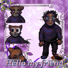 a pixel art of a cat and a man with the words hello my friend