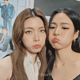 two women are making funny faces for a picture and the word story is on the bottom right corner