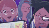 three anime characters are posing for a picture and one of them is wearing glasses