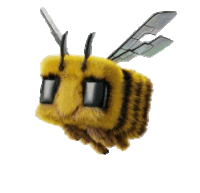 a stuffed bee with black eyes and wings is flying in the air