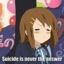 a cartoon of a girl with the words " suicide is never the answer "