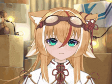 a girl with a cat ear is wearing goggles