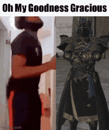 a man with a beard is standing next to a man in armor