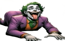 the joker is laying on his back with his tongue hanging out