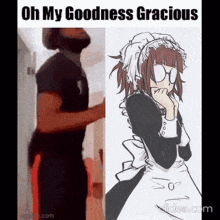 a man with a beard is next to a drawing of a maid .