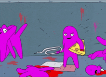 a cartoon drawing of a purple monster holding a piece of pizza