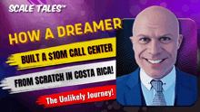 a man in a suit and tie is smiling in front of a purple background that says scale tales