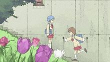 a cartoon of two girls holding hands in front of a wall with a sign that says ' namah ' on it
