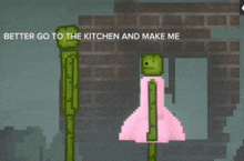 a cartoon of a man and a woman with the words better go to the kitchen and make me above them