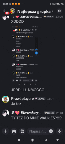 a screenshot of a group chat with the name electrobuzz on it