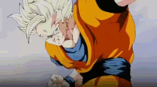 a close up of a cartoon character , goku , from dragon ball z , jumping in the air .