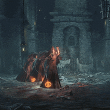 a person in a hooded cloak holding a lantern and a sword