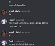 a screenshot of a text conversation between rarity and wujek
