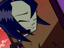 a cartoon character with purple hair is smiling and looking down