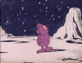 a purple cartoon character standing in the snow looking up at the stars