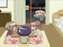 a group of anime characters are sitting around a table and one of them has a cross on her head