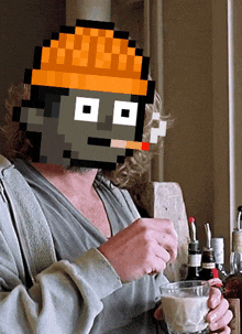a pixel art of a man holding a glass of coffee