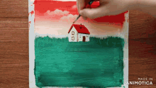 a painting of a white house with a red roof is made in animatica