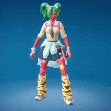 a girl with green hair and red face is standing in front of a blue sky