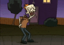 a cartoon of a man laying on the ground with a purple door in the background