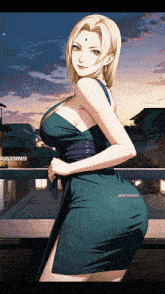 a woman in a green dress is standing on a balcony with a caption that says " directorpath "