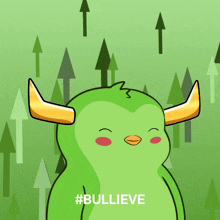 a green cartoon character with horns and the hashtag bullieve