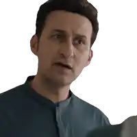 a man in a blue shirt is making a surprised face