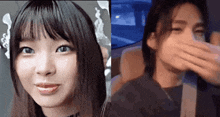 a close up of a woman 's face next to a close up of a man 's face covering his mouth .