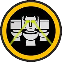 a yellow and black circle with three toilets and a face in the center