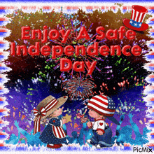 a picture of a boy and a girl watching fireworks with the words enjoy a safe independence day below them