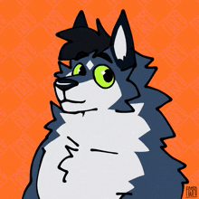 a cartoon drawing of a wolf with green eyes and the word yes written on it